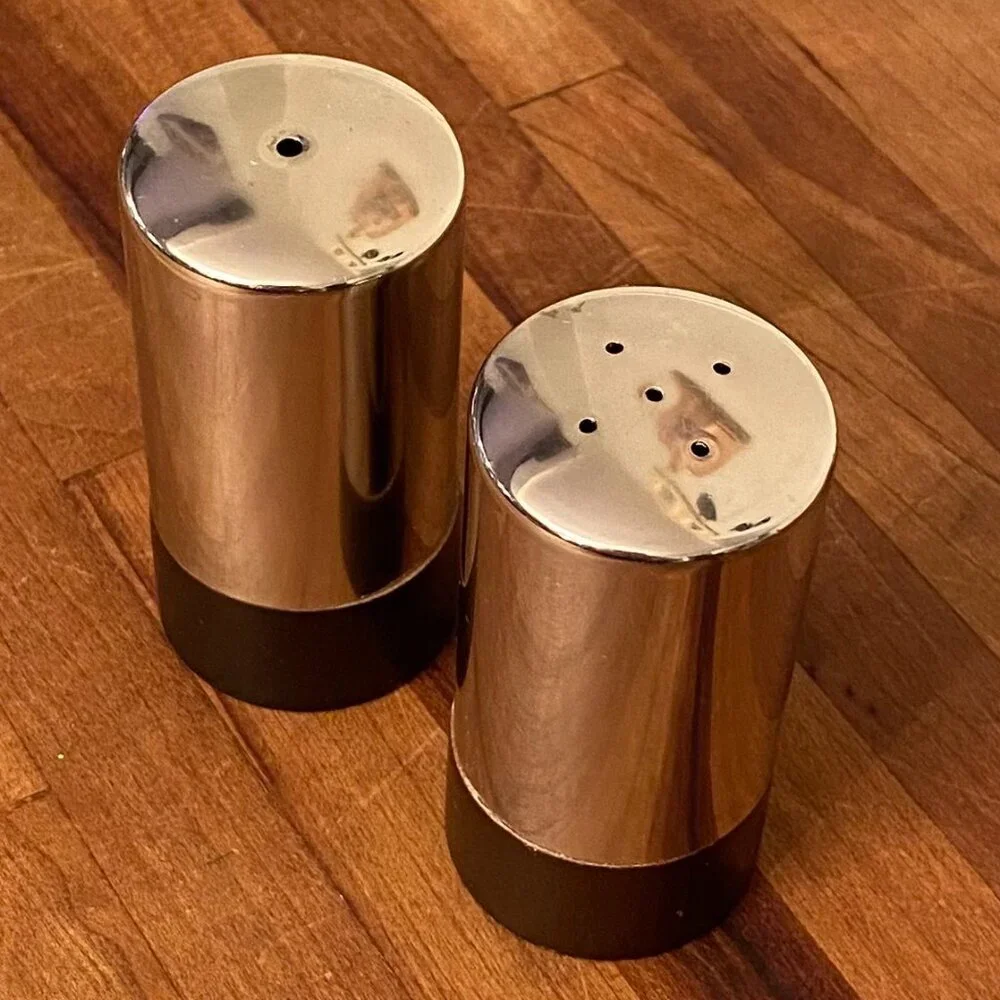 Vintage Salt and Pepper Shakers Set Stainless Steel with Wood Base